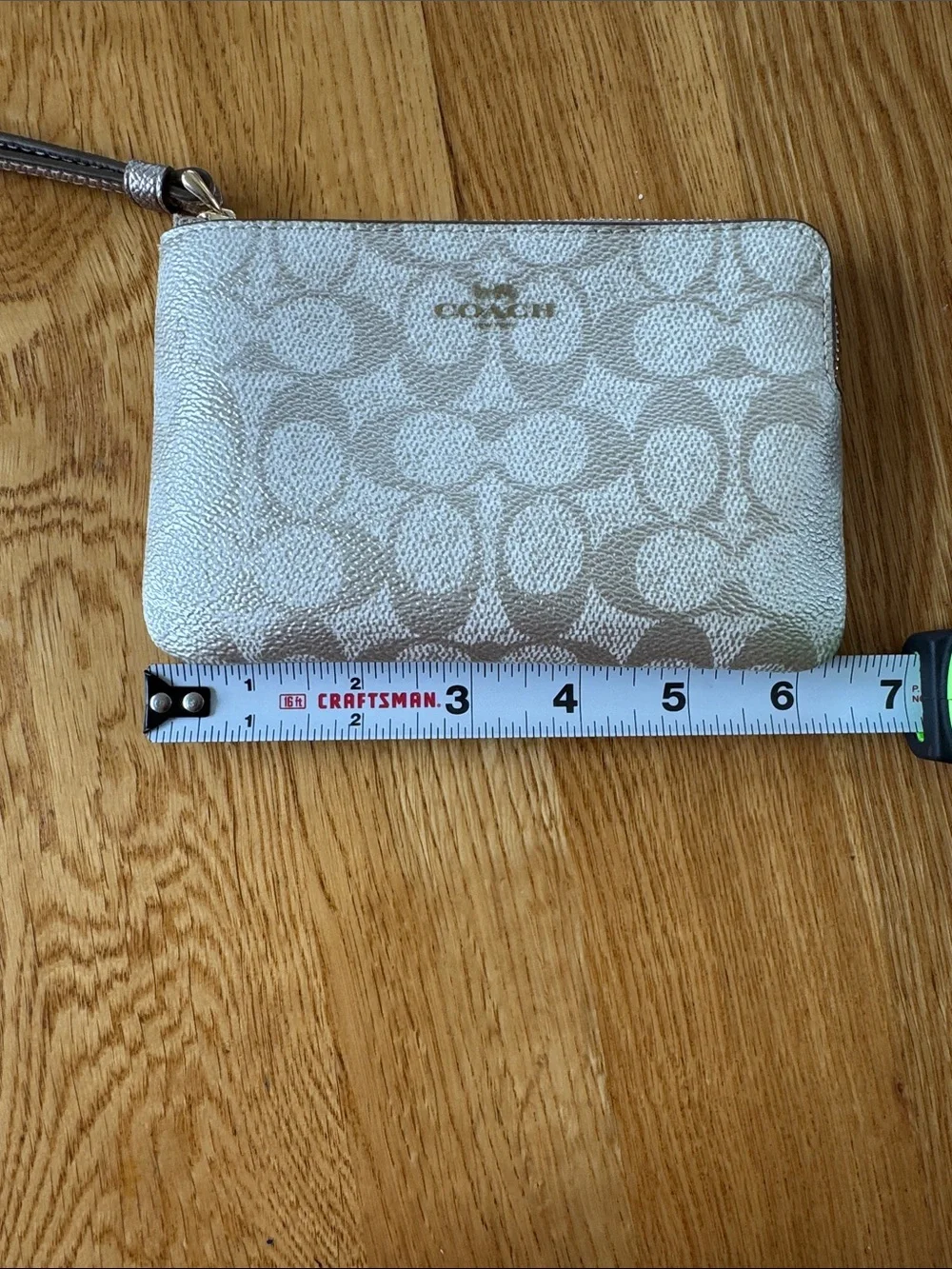Coach Metallic Signature Corner Zip Wristlet in Pearlized Canvas Gold Accents